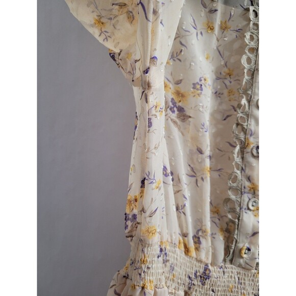 THE SHIRT ROCHELLE BEHRENS XS Sheer Beige Blue Floral Ruffle Trim Mini Dress - Picture 7 of 11